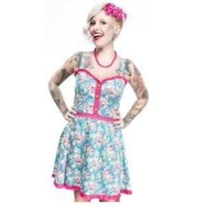 Sourpuss Aqua Blue Rosey Luau Dress Hawaiian Pink Floral Tiki Flowers